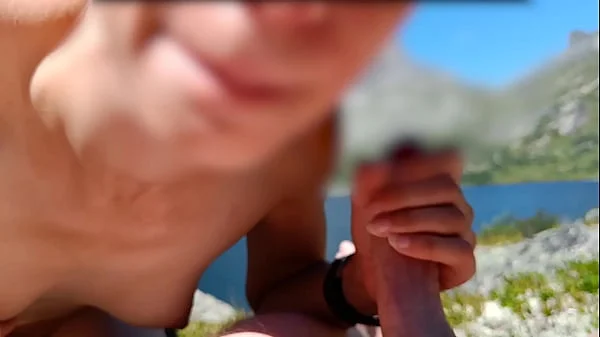 Public blowjob at the mountain lake - cum swallow